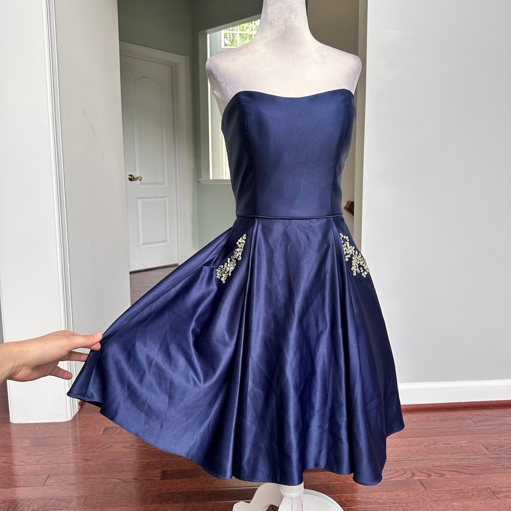 NWT Blondie Nites Navy Blue Strapless Embellished Pockets Vintage Cocktail Dress